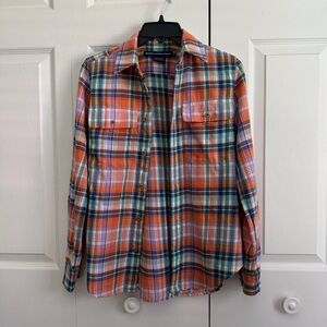 Ralph Lauren Sport Women’s Flannel Shirt Size: 2. Orange and Purple plaid